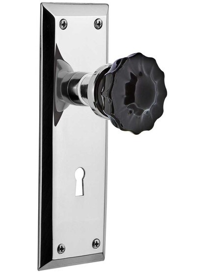 New York Door Set with Keyhole and Colored Fluted Crystal Glass Knobs Black in Polished Chrome.